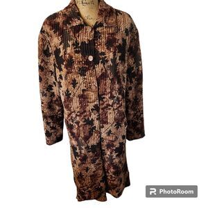 Ubu Vintage Reversible Crinkle Fall Print Lagenlook Trench Coat Womens XL Earthy